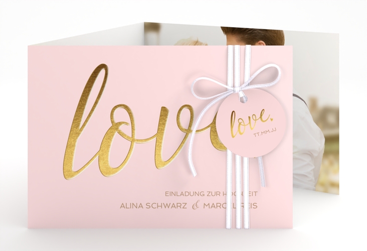 Hochzeitseinladung Glam A6 Doppel-Klappkarte rosa