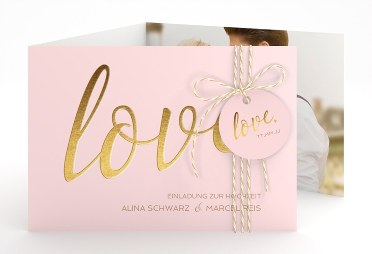 Hochzeitseinladung Glam A6 Doppel-Klappkarte rosa