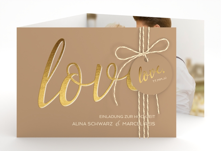 Hochzeitseinladung Glam A6 Doppel-Klappkarte beige