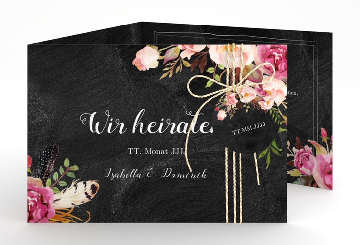 Hochzeitseinladung Flowers A6 Doppel-Klappkarte schwarz mit bunten Aquarell-Blumen