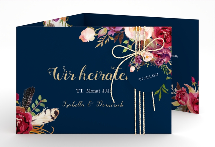 Hochzeitseinladung Flowers A6 Doppel-Klappkarte blau mit bunten Aquarell-Blumen