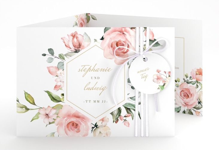 Hochzeitseinladung Graceful A6 Doppel-Klappkarte weiss mit Rosenblüten in Rosa und Weiß