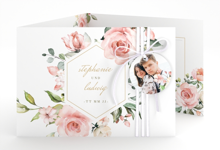 Hochzeitseinladung Graceful A6 Doppel-Klappkarte weiss mit Rosenblüten in Rosa und Weiß