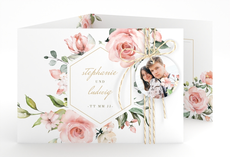 Hochzeitseinladung Graceful A6 Doppel-Klappkarte weiss mit Rosenblüten in Rosa und Weiß