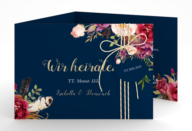 Hochzeitseinladung Flowers A6 Doppel-Klappkarte blau mit bunten Aquarell-Blumen