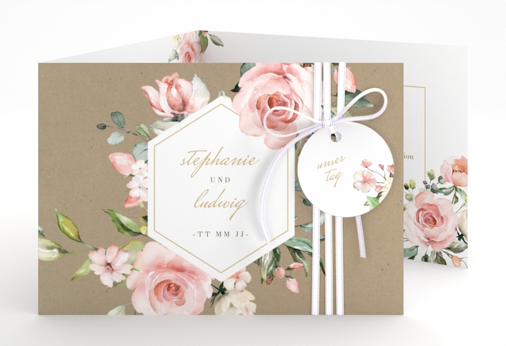 Hochzeitseinladung Graceful A6 Doppel-Klappkarte mit Rosenblüten in Rosa und Weiß