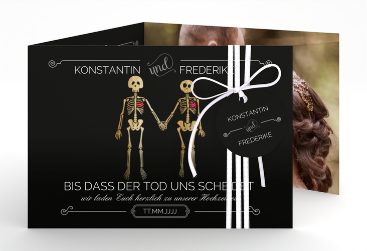 Hochzeitseinladung Bones A6 Doppel-Klappkarte schwarz