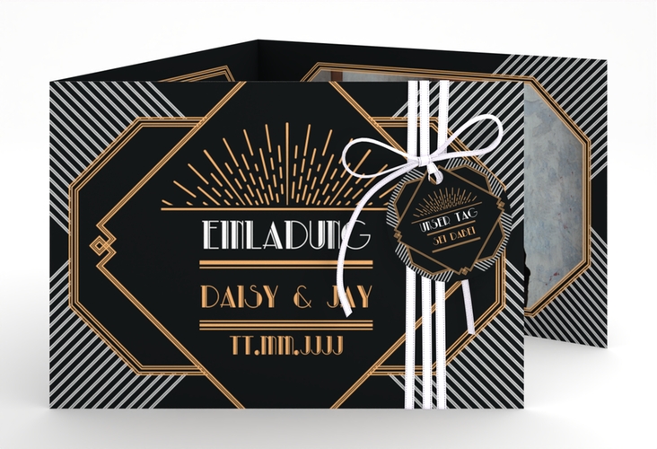 Hochzeitseinladung Gatsby A6 Doppel-Klappkarte schwarz hochglanz