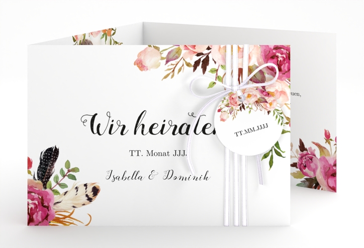 Hochzeitseinladung Flowers A6 Doppel-Klappkarte weiss mit bunten Aquarell-Blumen