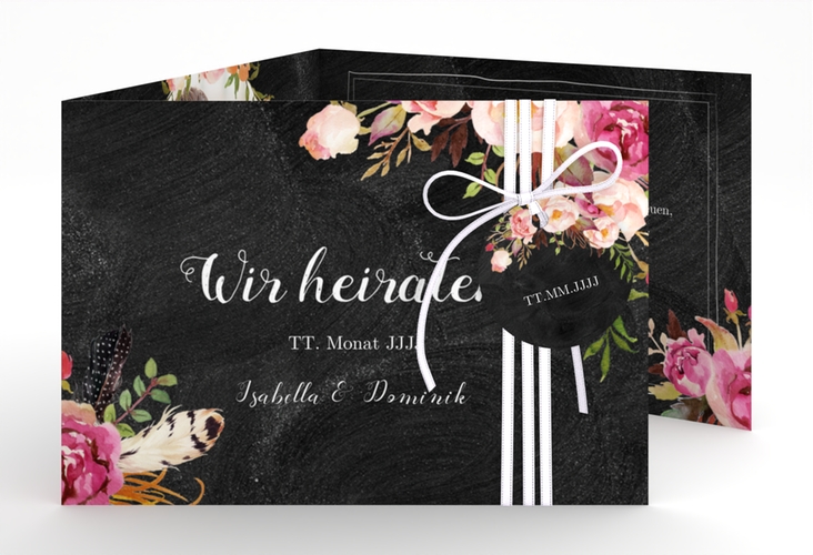 Hochzeitseinladung Flowers A6 Doppel-Klappkarte schwarz mit bunten Aquarell-Blumen