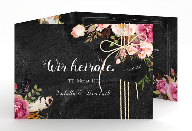 Hochzeitseinladung Flowers A6 Doppel-Klappkarte schwarz mit bunten Aquarell-Blumen