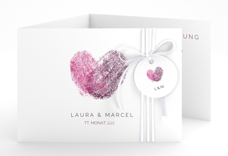 Hochzeitseinladung Fingerprint A6 Doppel-Klappkarte pink schlicht mit Fingerabdruck-Motiv