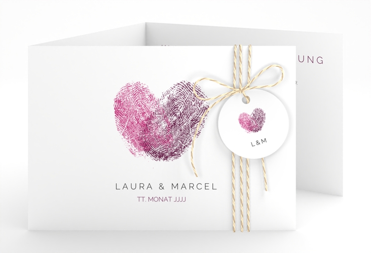 Hochzeitseinladung Fingerprint A6 Doppel-Klappkarte pink schlicht mit Fingerabdruck-Motiv