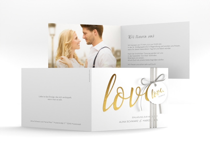 Hochzeitseinladung Glam A6 Klappkarte quer weiss