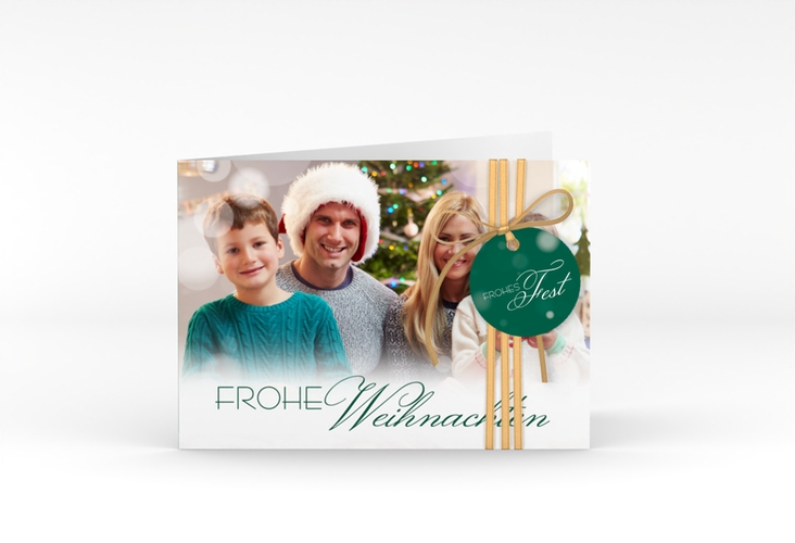 Weihnachtskarte Familienzeit A6 Klappkarte quer gruen hochglanz zum Personalisieren mit Familienfoto