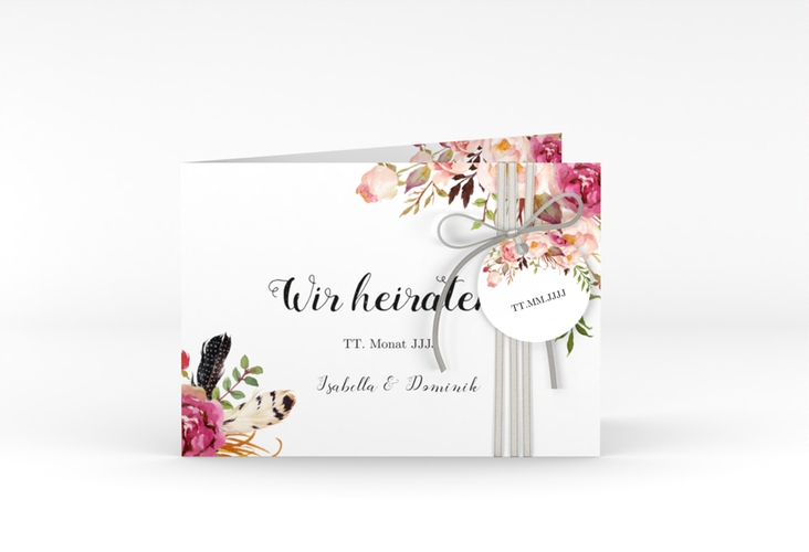 Hochzeitseinladung Flowers A6 Klappkarte quer weiss mit bunten Aquarell-Blumen