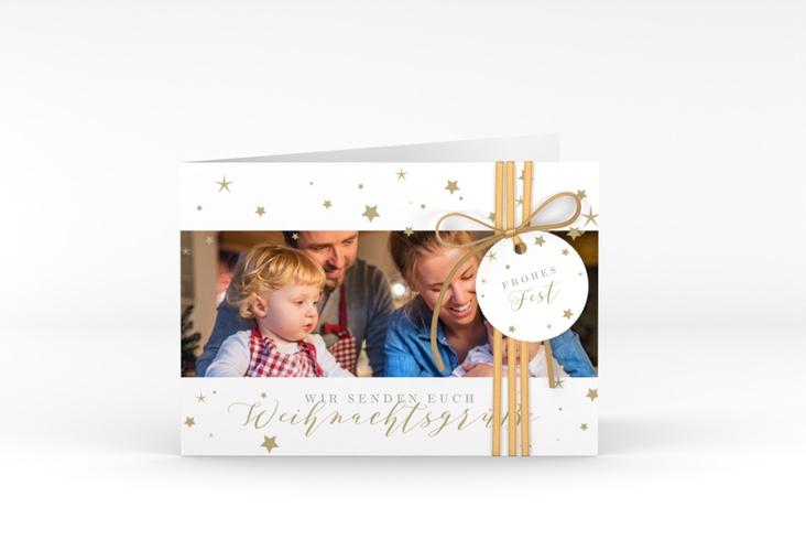 Weihnachtskarte Sternennacht A6 Klappkarte quer weiss hochglanz mit Sternchen und Familienfoto