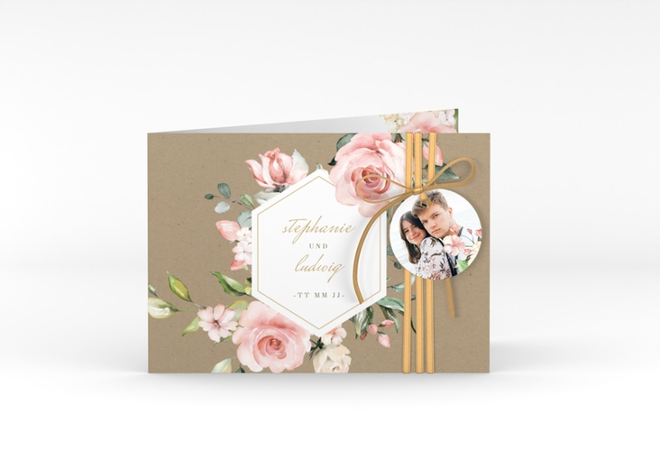 Einladung Hochzeit Graceful A6 Klappkarte quer Kraftpapier mit Rosenblüten in Rosa und Weiß