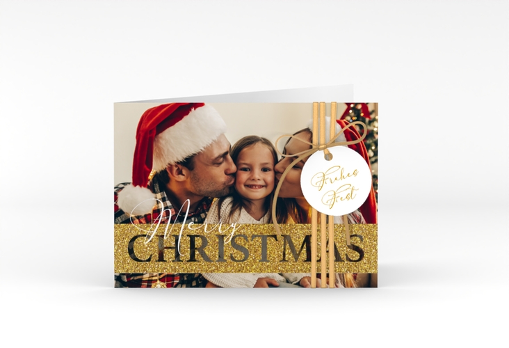 Weihnachtskarte Goldschimmer A6 Klappkarte quer gold mit Foto und Schriftzug Merry Christmas