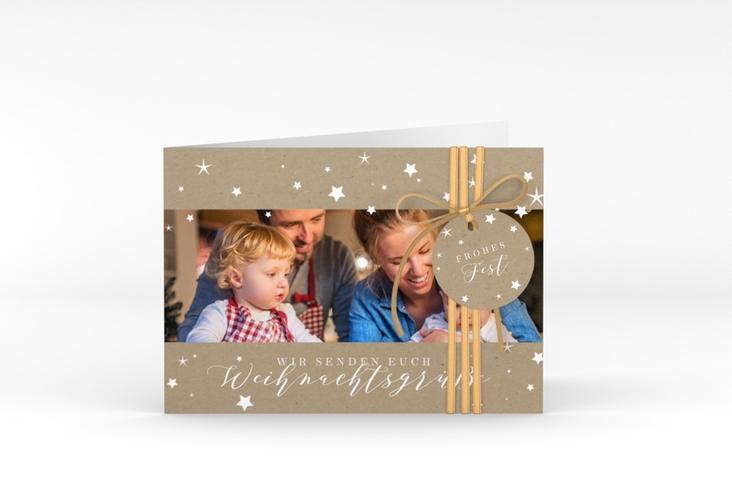 Weihnachtskarte Sternennacht A6 Klappkarte quer Kraftpapier mit Sternchen und Familienfoto