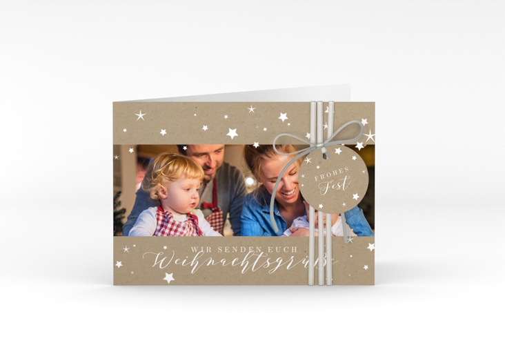 Weihnachtskarte Sternennacht A6 Klappkarte quer Kraftpapier mit Sternchen und Familienfoto