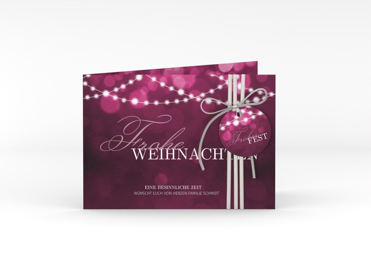 Weihnachtskarte Lichterzauber A6 Klappkarte quer pink edel mit Lichtgirlande