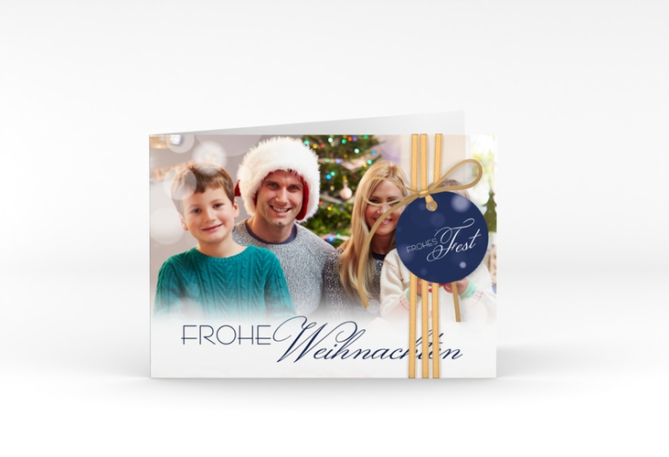 Weihnachtskarte Familienzeit A6 Klappkarte quer blau zum Personalisieren mit Familienfoto