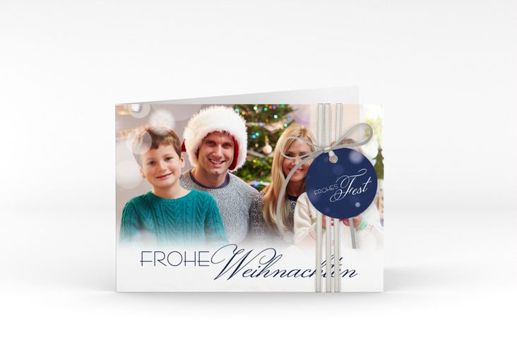 Weihnachtskarte Familienzeit A6 Klappkarte quer blau zum Personalisieren mit Familienfoto