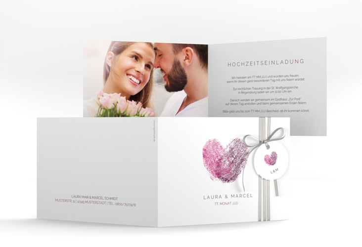 Hochzeitseinladung Fingerprint A6 Klappkarte quer pink schlicht mit Fingerabdruck-Motiv