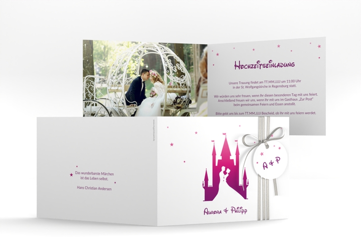 Hochzeitseinladung Castle A6 Klappkarte quer pink