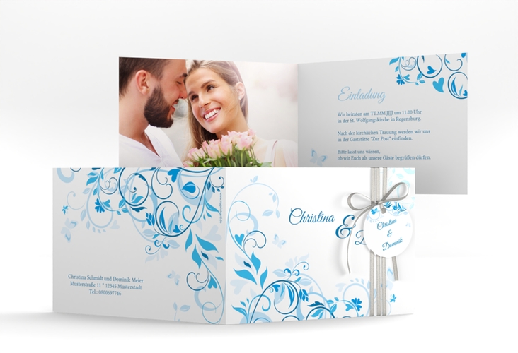 Hochzeitseinladung Lilly A6 Klappkarte quer blau