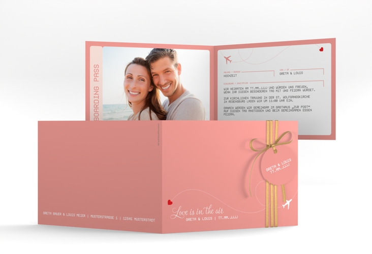 Hochzeitseinladung Weddingpass A6 Klappkarte quer rosa