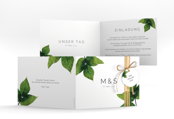 Hochzeitseinladung Greenery A6 Klappkarte quer gruen hochglanz minimalistisch mit grünen Blättern