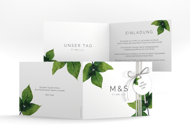 Hochzeitseinladung Greenery A6 Klappkarte quer gruen minimalistisch mit grünen Blättern