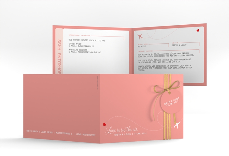 Hochzeitseinladung Weddingpass A6 Klappkarte quer rosa