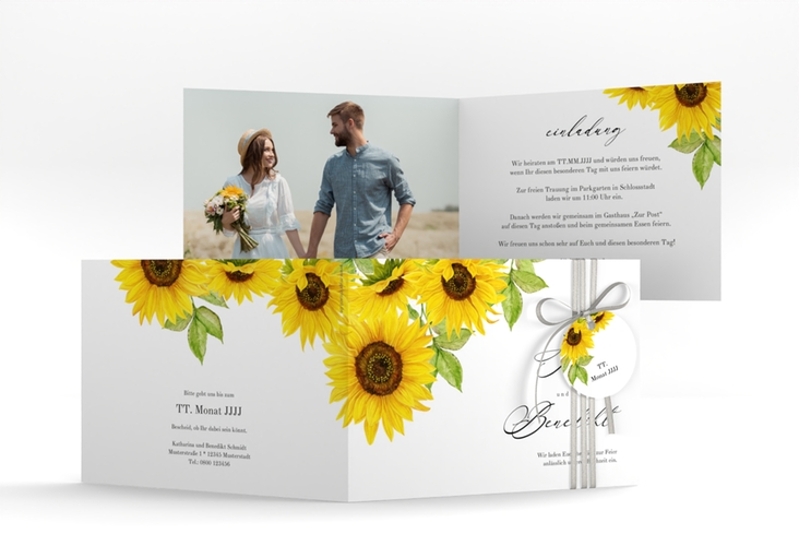 Hochzeitseinladung Sonnenblume A6 Klappkarte quer weiss