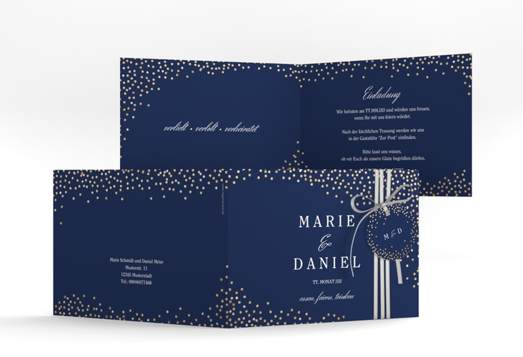 Hochzeitseinladung Glitter A6 Klappkarte quer blau