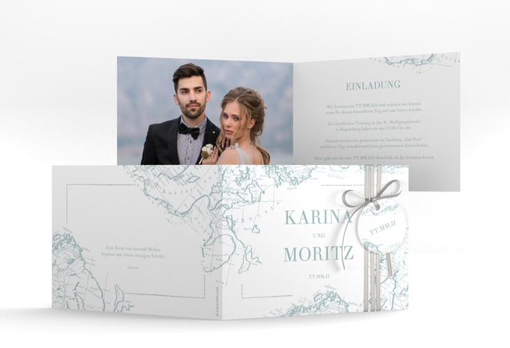 Hochzeitseinladung Voyage A6 Klappkarte quer mint