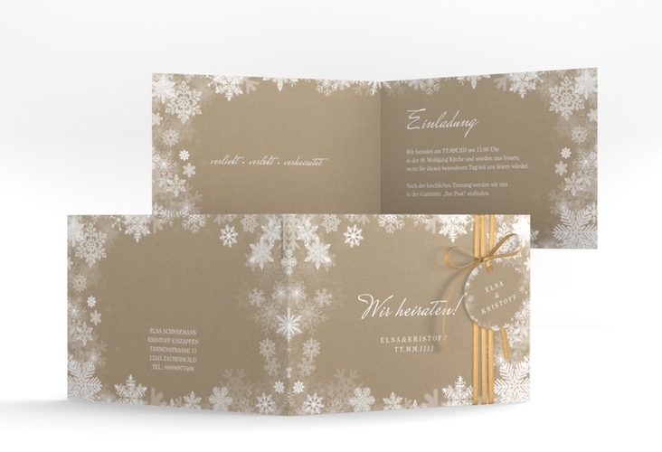 Hochzeitseinladung Snowfall A6 Klappkarte quer Kraftpapier mit Schneeflocken für Winterhochzeit