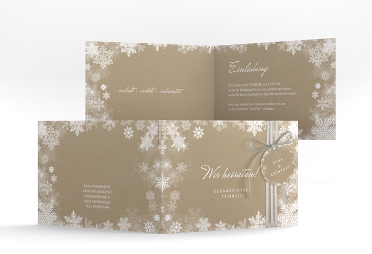 Hochzeitseinladung Snowfall A6 Klappkarte quer Kraftpapier mit Schneeflocken für Winterhochzeit