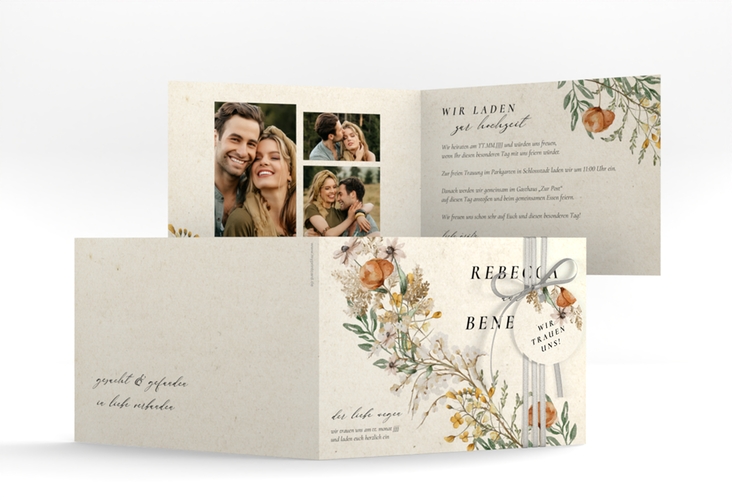 Hochzeitseinladung Wildfang A6 Klappkarte quer beige mit getrockneten Wiesenblumen