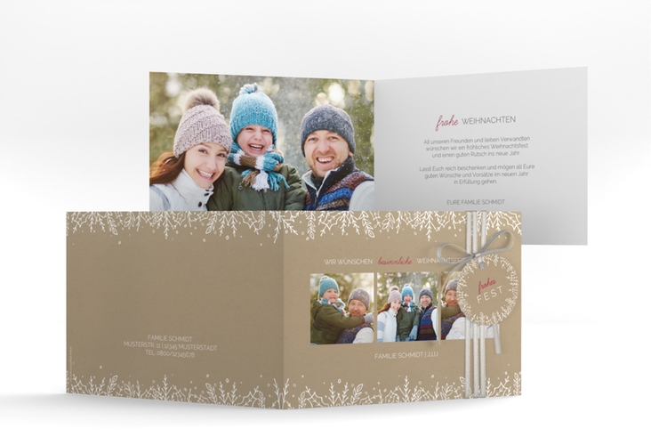 Weihnachtskarte Decor A6 Klappkarte quer Kraftpapier mit drei Fotos und Zweig-Dekor