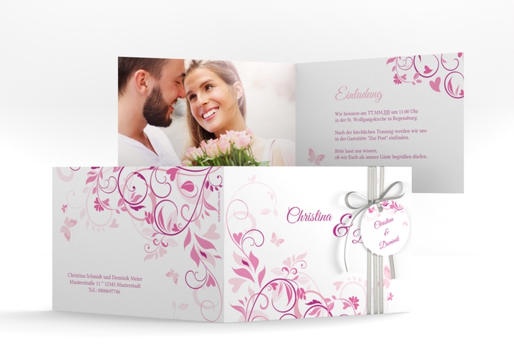 Hochzeitseinladung Lilly A6 Klappkarte quer pink