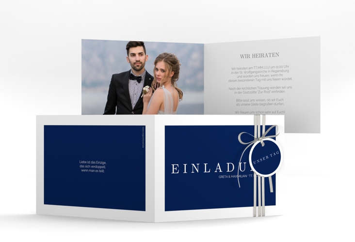 Hochzeitseinladung Simply A6 Klappkarte quer blau