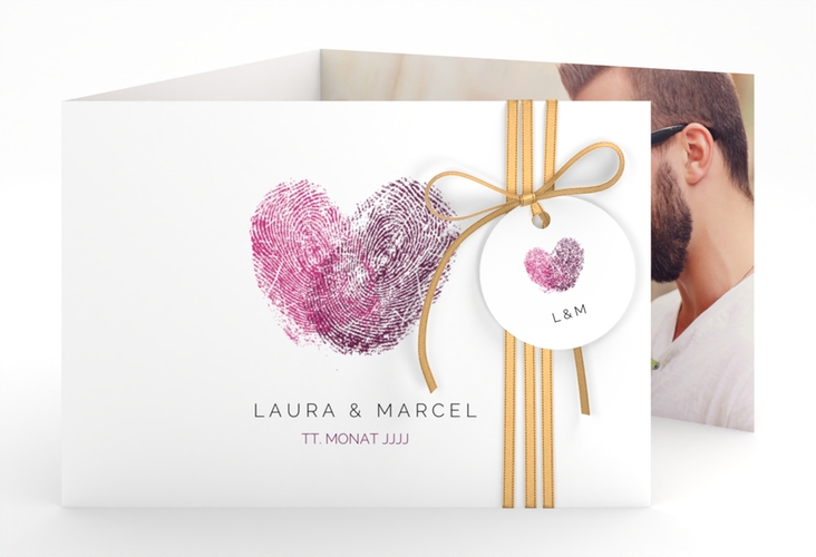 Hochzeitseinladung Fingerprint A6 Doppel-Klappkarte pink schlicht mit Fingerabdruck-Motiv