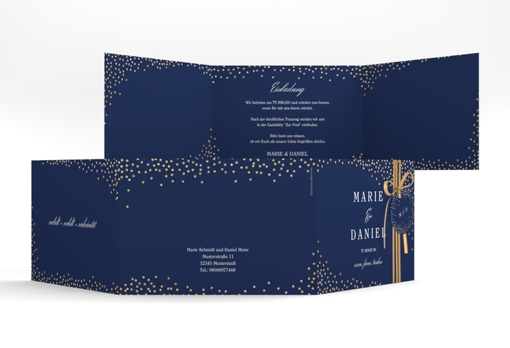 Hochzeitseinladung Glitter A6 Doppel-Klappkarte blau