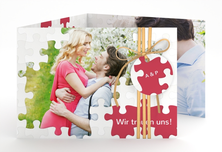 Hochzeitseinladung Puzzle A6 Doppel-Klappkarte rot