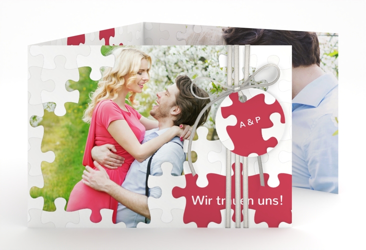 Hochzeitseinladung Puzzle A6 Doppel-Klappkarte rot