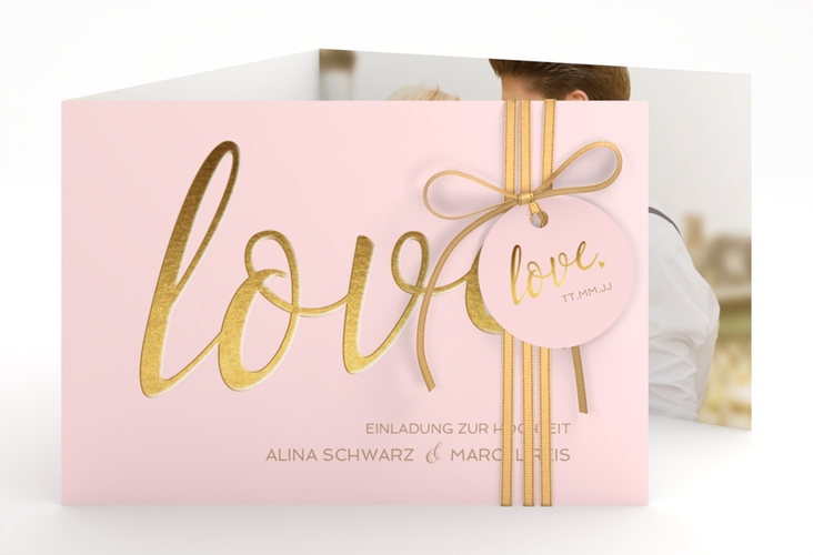 Hochzeitseinladung Glam A6 Doppel-Klappkarte rosa