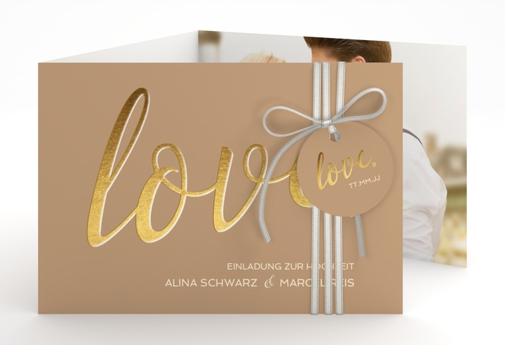 Hochzeitseinladung Glam A6 Doppel-Klappkarte beige